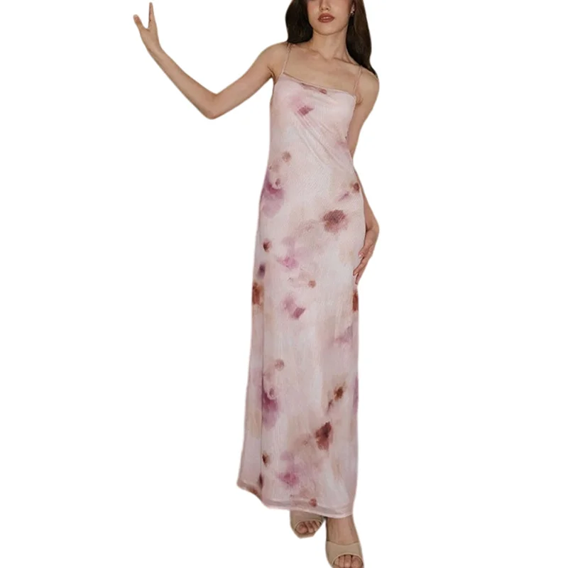 Summer Long Dress y2k Women Floral Print Square Neck Spaghetti Strap Sleeveless Bodycon Dress 2000s Club Party Dresses