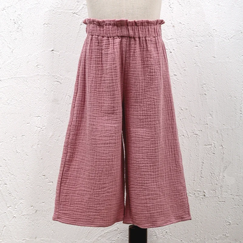 Summer New Girls Cool Loose Wide-Legged Pants Cotton Crepe Children's Daily Casual Elastic Waist Trousers