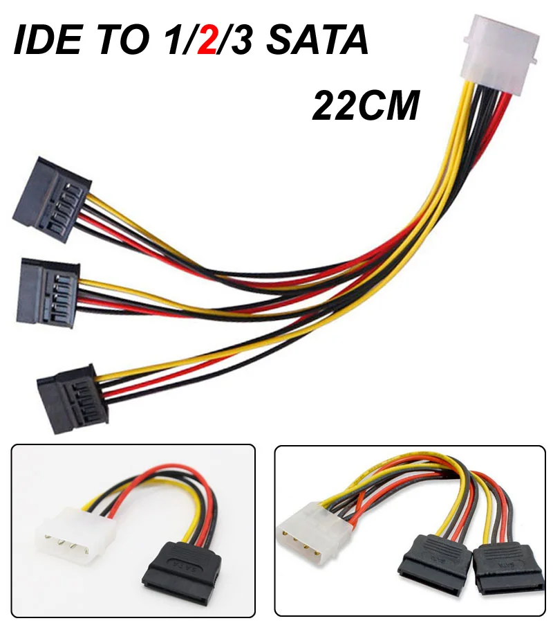 22CM IDE 4Pin Male To 1/2/3 Port ATA 15PIN SATA Female Y Splitter