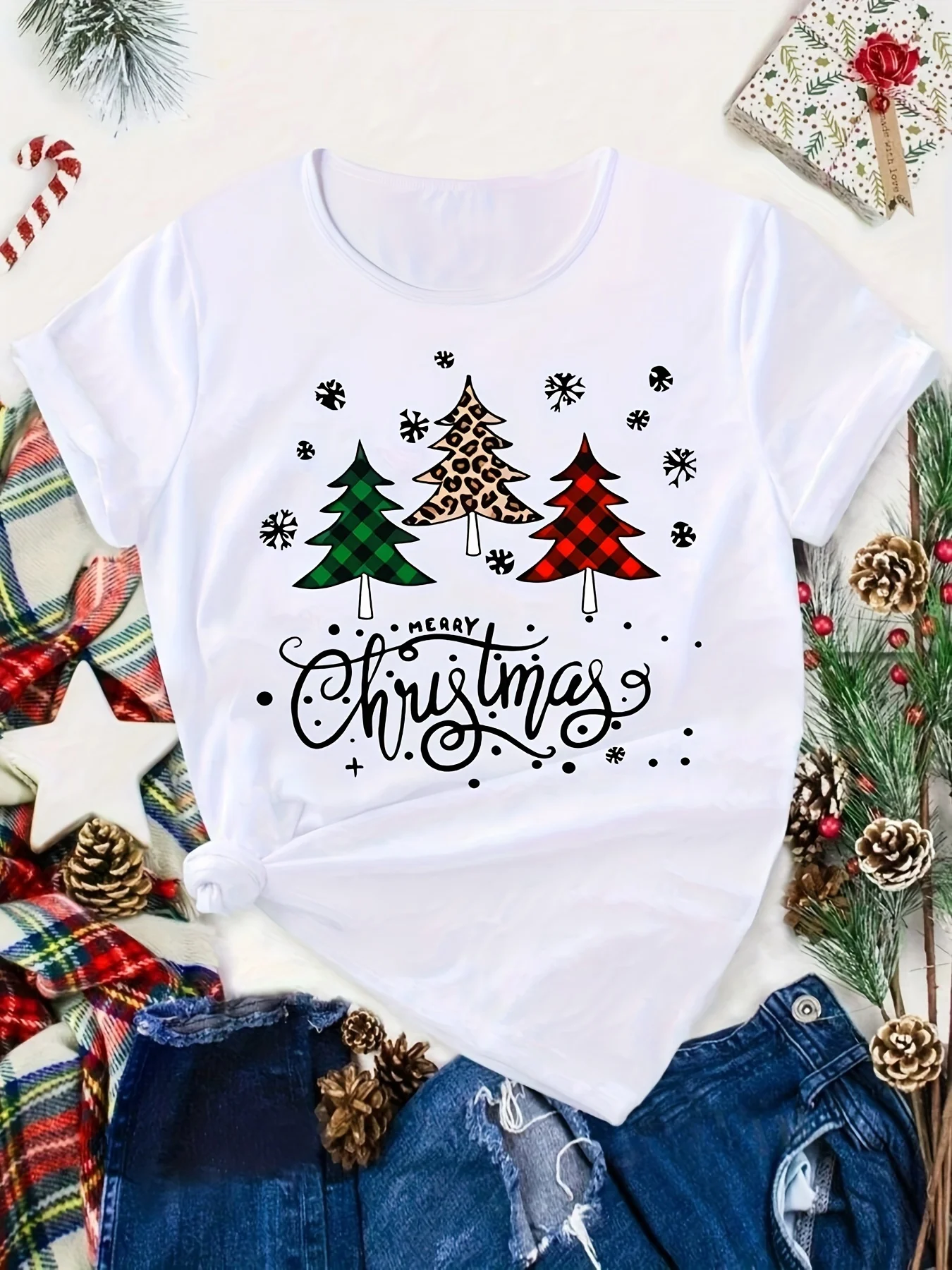 Women's Christmas Tree Print T-shirt Short Sleeve Round Neck Top for Summer Women's Clothing Harajuku Short Sleeve Casual