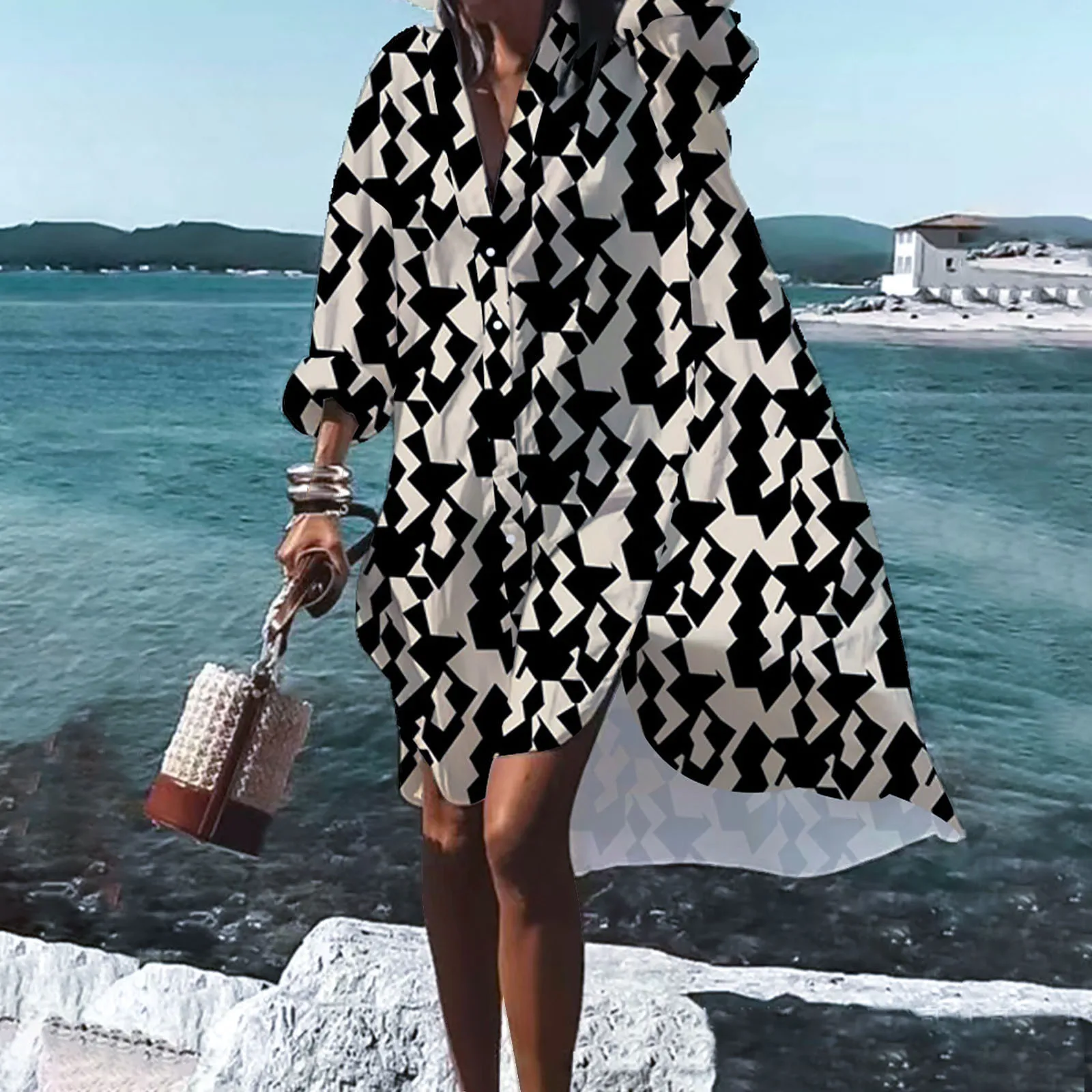 

Свободное повседневное пляжное платье-рубашка с отложным воротником, винтажное однобортное женское платье с принтом, женское модное платье