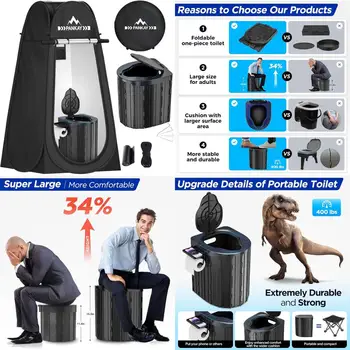 X-Large Pop-Up Camping Privacy Tent with Portable Toilet – Foldable Outdoor Shower, Changing Room & Adult Potty Kit for Camping & Travel 1