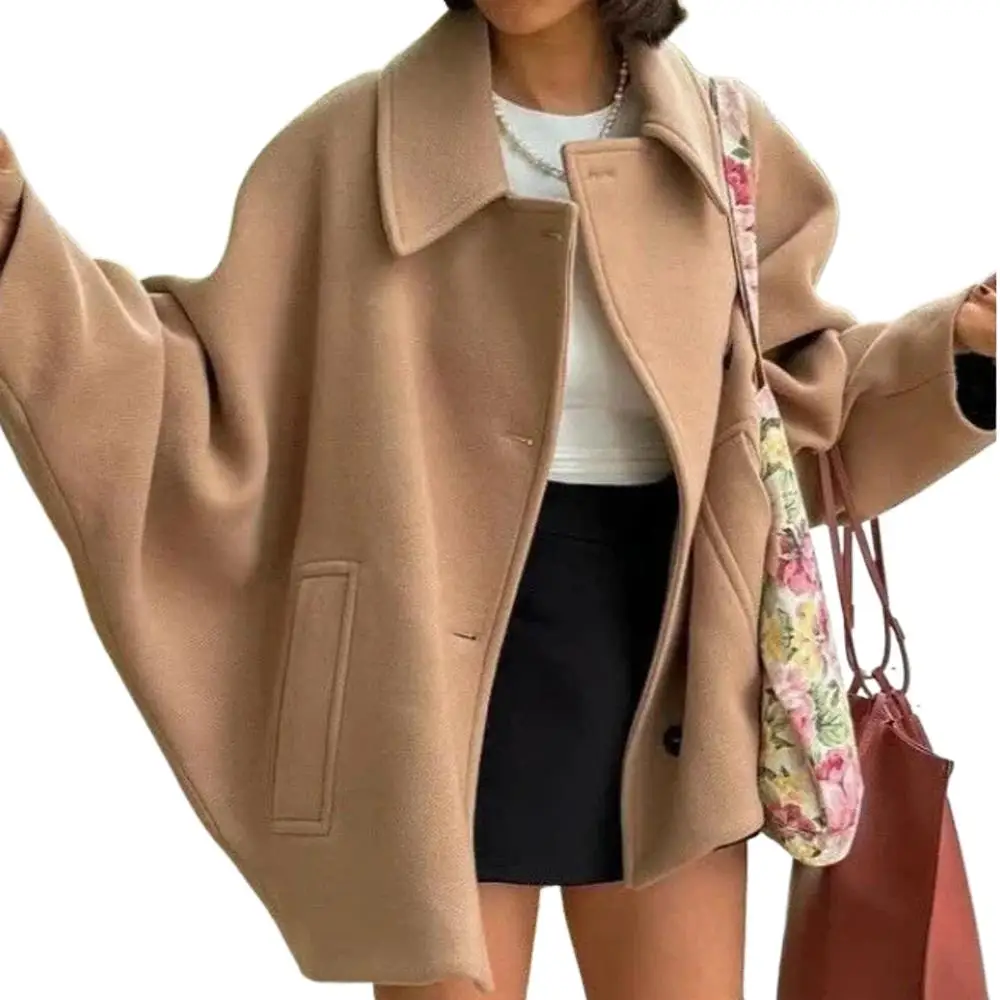 Womens Long Sleeve Woolen Blend Coat with Pocket