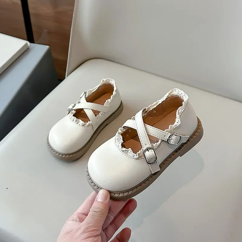 Children's Leather Shoes Chic Ruffled Edge Versatile Princess Shoes for Girls Fashion Simple New Kids Causal Flat Non-slip