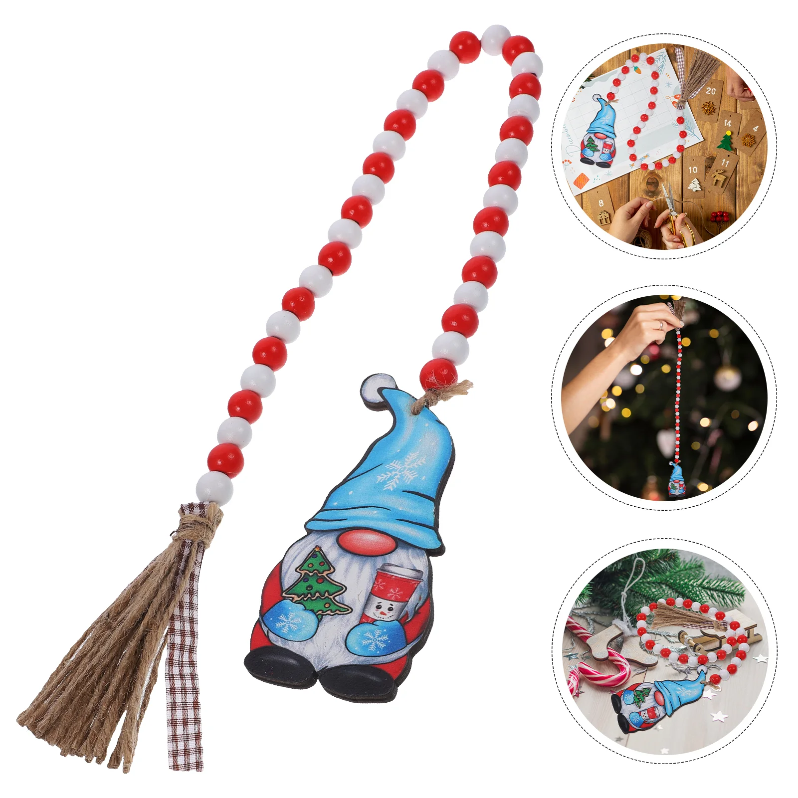 

Christmas Wooden Bead Wreath With Tassels Wall Hanging Decor Bead Wooden Pendant Santa Claus Faceless Doll Bead Hanging String
