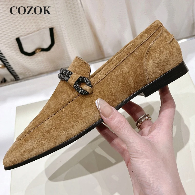 

Retro Ladies Loafers Autumn New High-Quality Cow Suede Material Round Head Casual Shoes Concise Versatile Female Leisure Shoes
