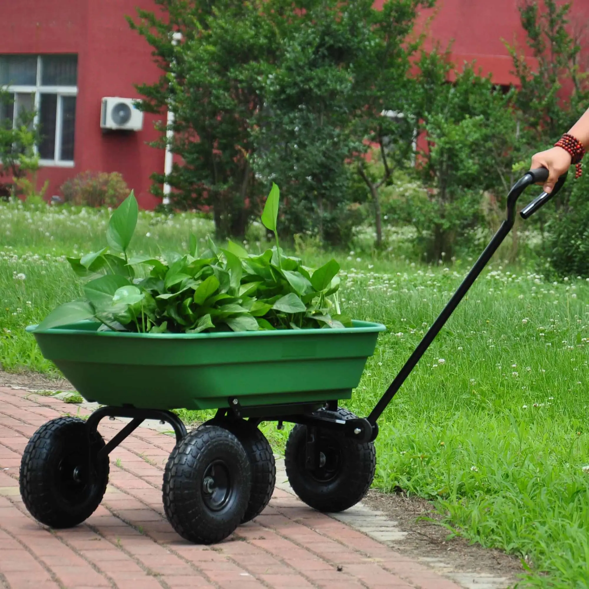 300 lb capacity body 55L Green Pneumatic tire, Folding car Poly Garden dump truck with steel frame, 10 inches.