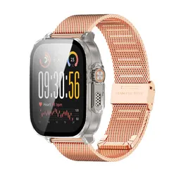 Steel Mesh Milanese Loop Strap with Screen Protector Case and Replacement Bracelet Cover for Realme Watch 5 (Rose Gold - Clear)