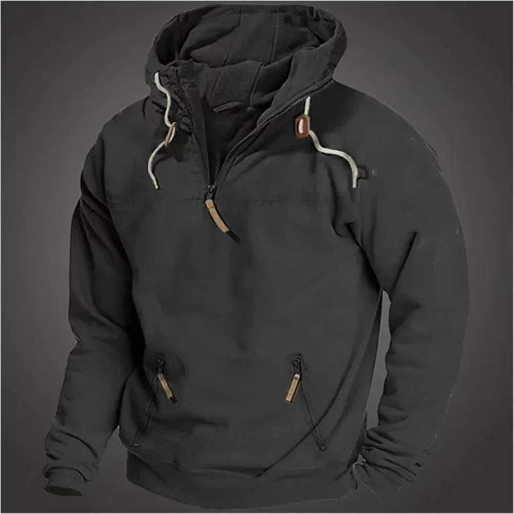 2024 Spring Autumn Mens Hooded Solid Vintage Sweatshirt Youth Sports Loose Hoodie Tracksuit Casual Sportswear Fashion Male Coat