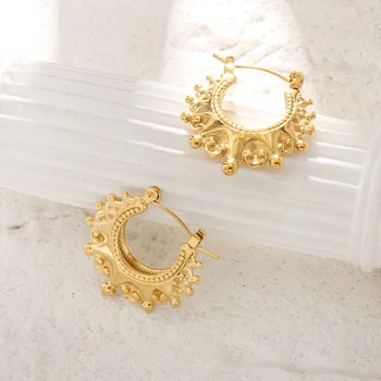 CARLIDANA Non Tarnish Vintage Womens Gold Color Stainless Steel Waterproof Hypoallergenic Spikes Beads Fashion Hoop Earring