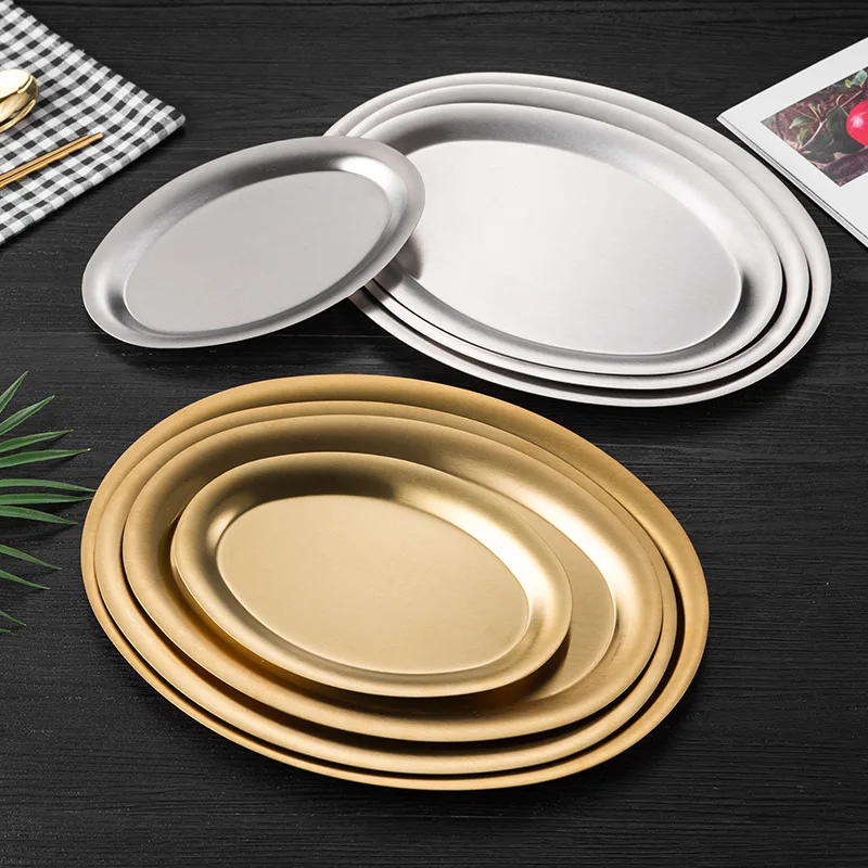

Korean 304 Stainless Steel Western Cuisine Denier Barbecue Gold Oval Disk Tray Dessert Plate Dish
