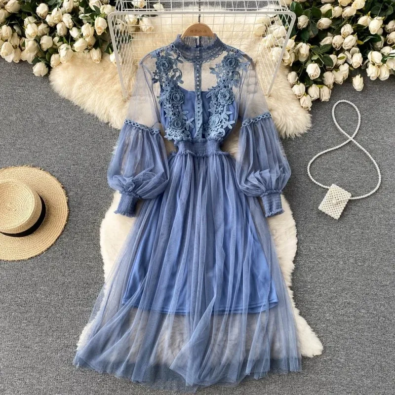 Lace Flower Mesh Dress for Women Lantern Sleeve White Long Dresses for Party Vintage Elegant Dress 2 Piece Sets New 12041