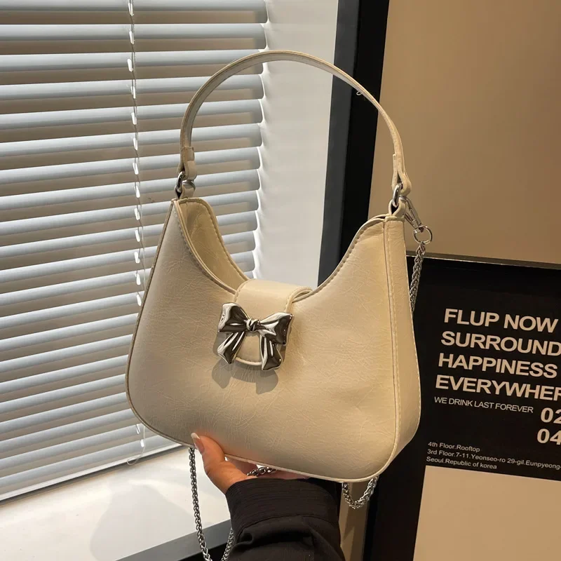 Women's Bow Handbags 2024 New Fashion Korean Style Niche Underarm High-Grade Chain Messenger Bag