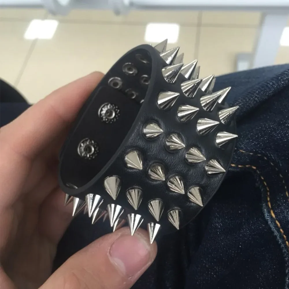 Unique Four Row Cuspidal Spikes Rivet Stud Wide Cuff Leather Punk Gothic Rock Unisex Bangle Bracelet men jewelry S263 bracelet jewelry leather bracelets