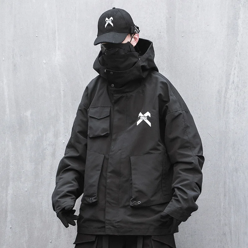 

Куртка Techwear, черная ветровка с капюшоном, Мужская свободная водолазка, функциональная Свободная верхняя одежда для отдыха с стерео карманами