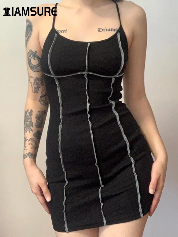 

IAMSURE Clubwear Sexy Slim Bodycon Dress Casual Slash Neck Sleeveless Mini Dresses For Women 2023 Summer Fashion Streetwear Lady