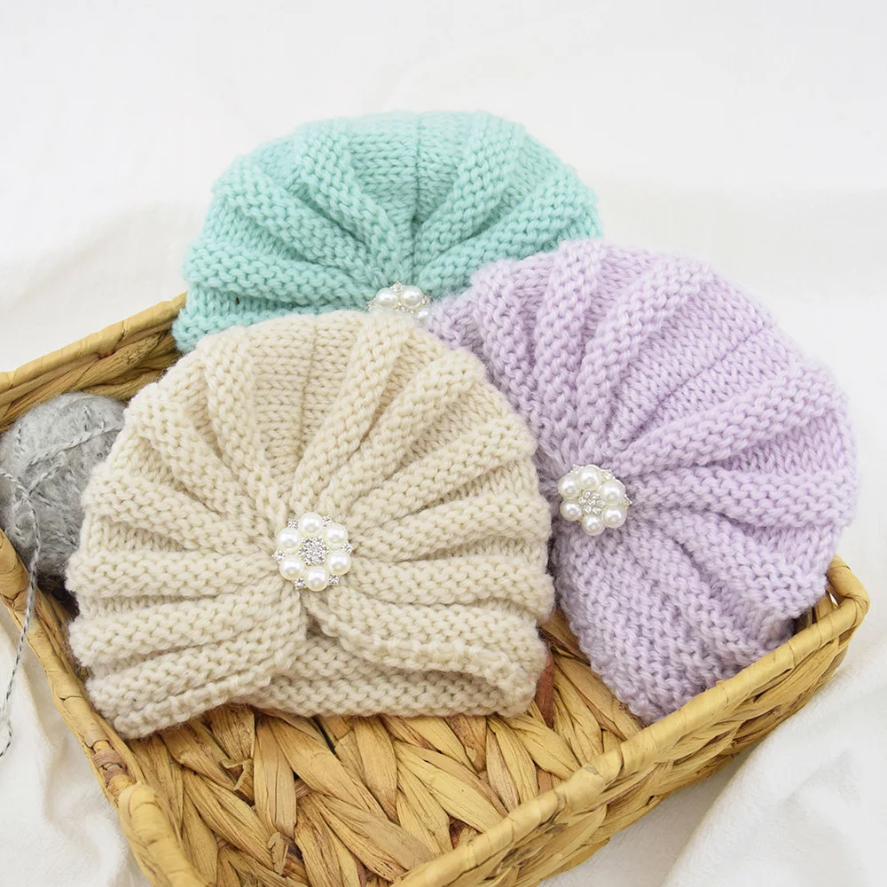 Baby hat set crochet knitted pearls flower for winter