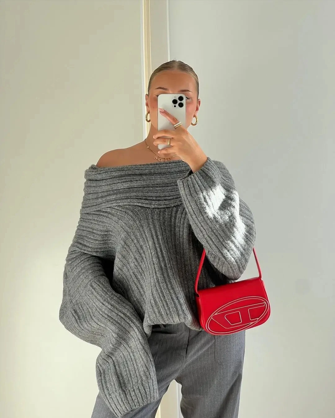 

TRAF Off Shoulder Loose Sweater For Women Vintage Turtleneck Gray Oversized Knit Pullover Woman Autumn Winer Warm Sweaters Tops