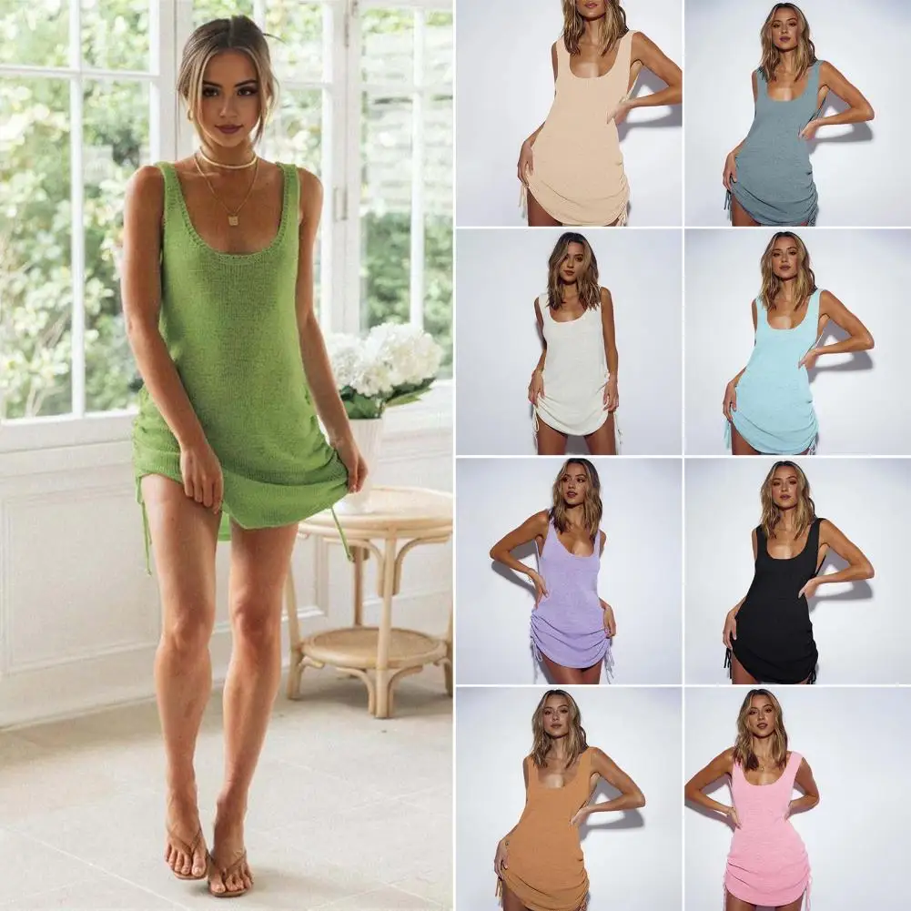 2024 Beach Dress U-Neck Sleeveless Backless Hollow Low-Cut Knitted Fabric Vest Dress Solid Color Elastic Swimwear Cover-up