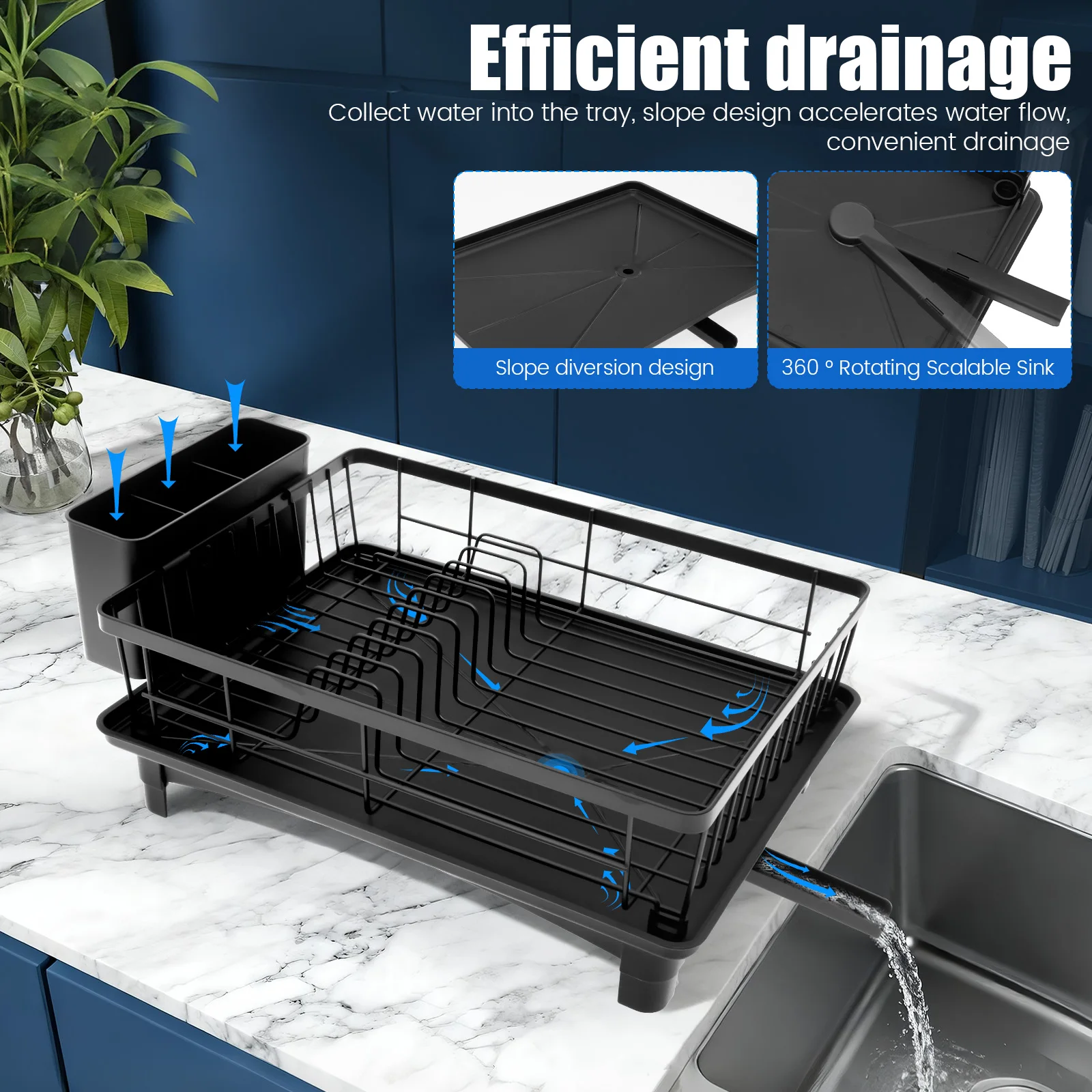 Dish Drying Rack Iron Flatware Dish Drainer with Utensil Holder Large Capacity Non-slip Counter Dish Rack Kitchen Storage Rack