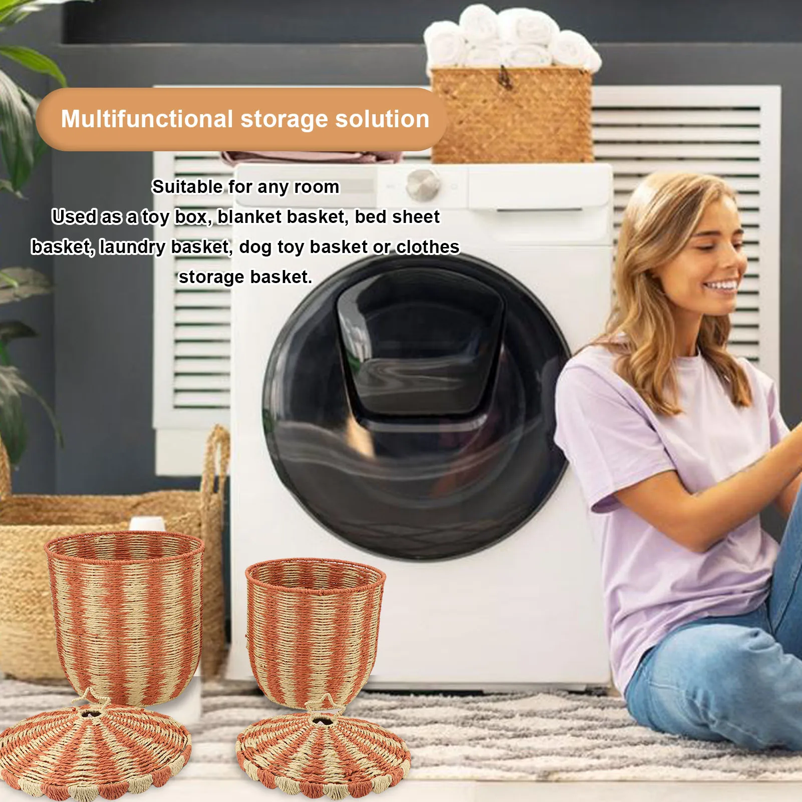 Woven Storage Basket with Lid Handwoven Long Lifespan Rattan Floor Basket Red Vintage Versatile for Clothes Blanket Toys Snack