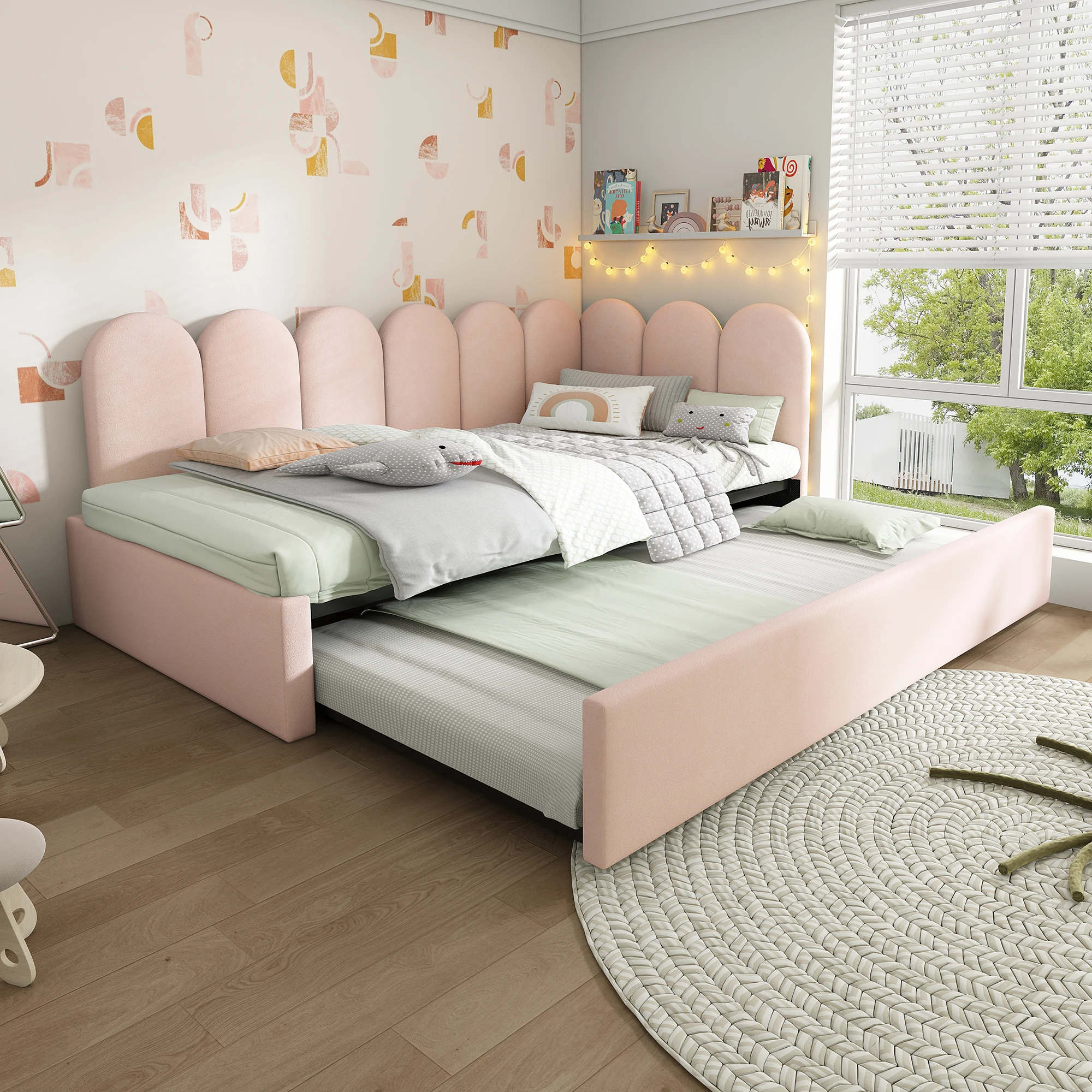 Schlafsofa 90x200cm, Ausziehbares Tagesbett 90x190cm, Kinderbett, Samt Rosa, Lattenrost, ohne Matratze – Detail 16