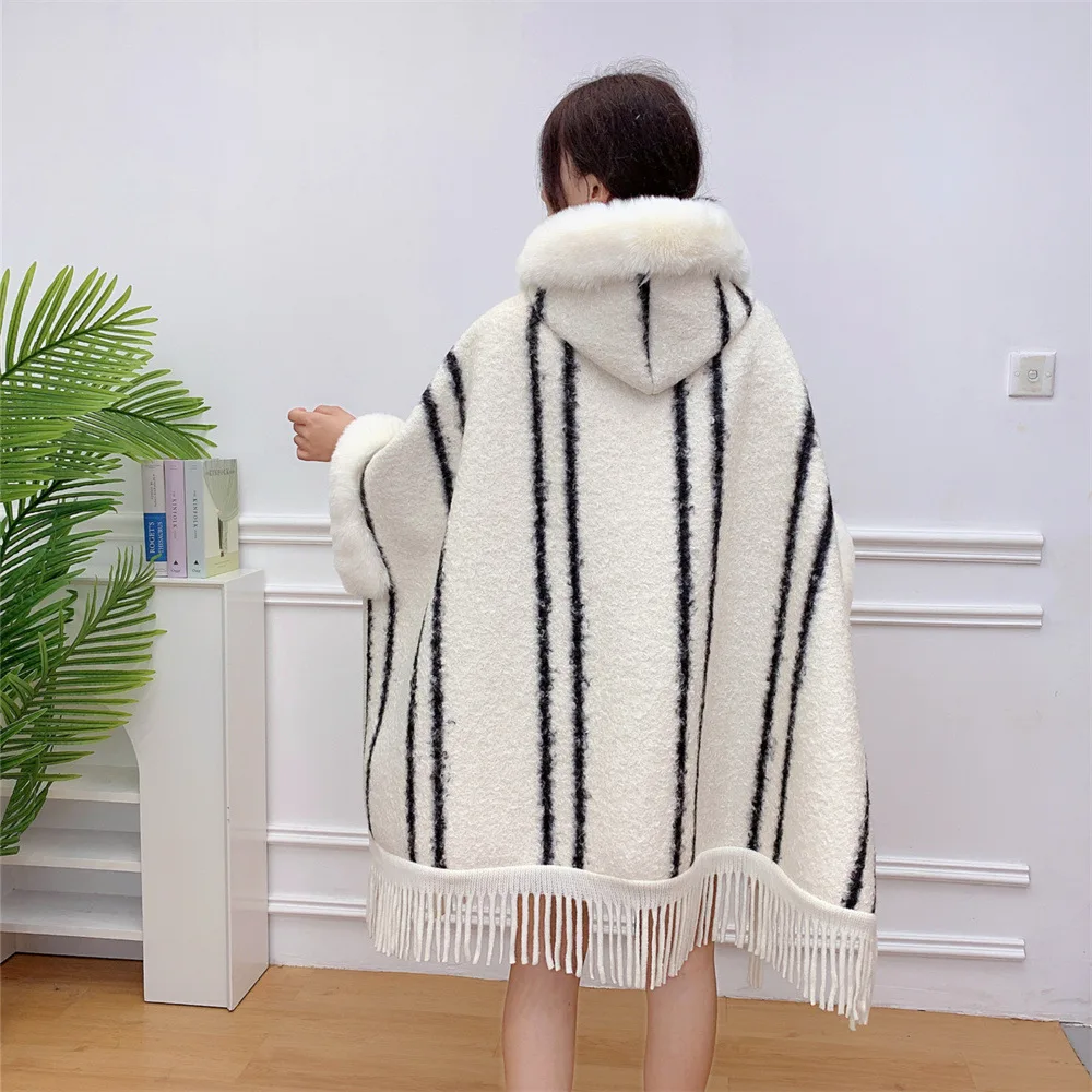 Winter Women Striped Faux Lamb Loose Poncho Cape Thick Warm Granular Velvet Oversize Cloak Batwing  Sleeves Overcoat With Hat