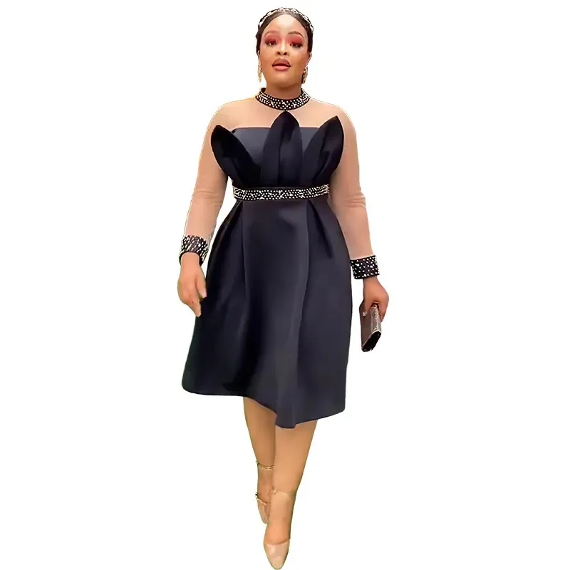 

M-5XL 2023 Autumn Elegant Africa Evening Party Midi Dresses for Women Plus Size Robe High Waist Long Sleeve Pleat Birthday Gowns