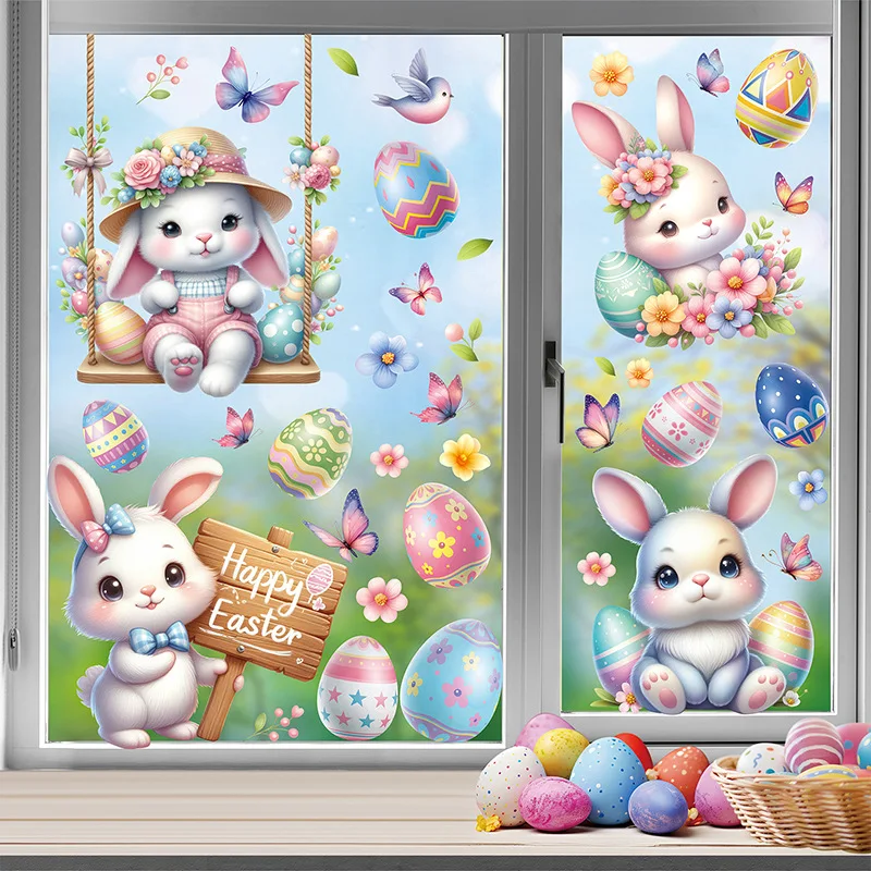 6Pcs Easter Window Stickers Double Sided Printed PVC Electrostatic Home Decor Glass Decals Reusble Easter Party Decorations