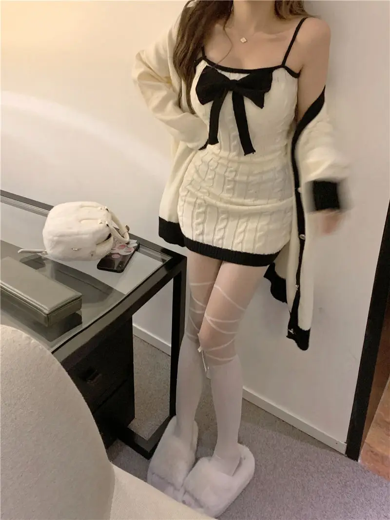 Elegant Knitted Two-Piece Set Women Bow Designer Sweet Party Dress Set Female Korean Style Sweater Mini Dress Suit Winter