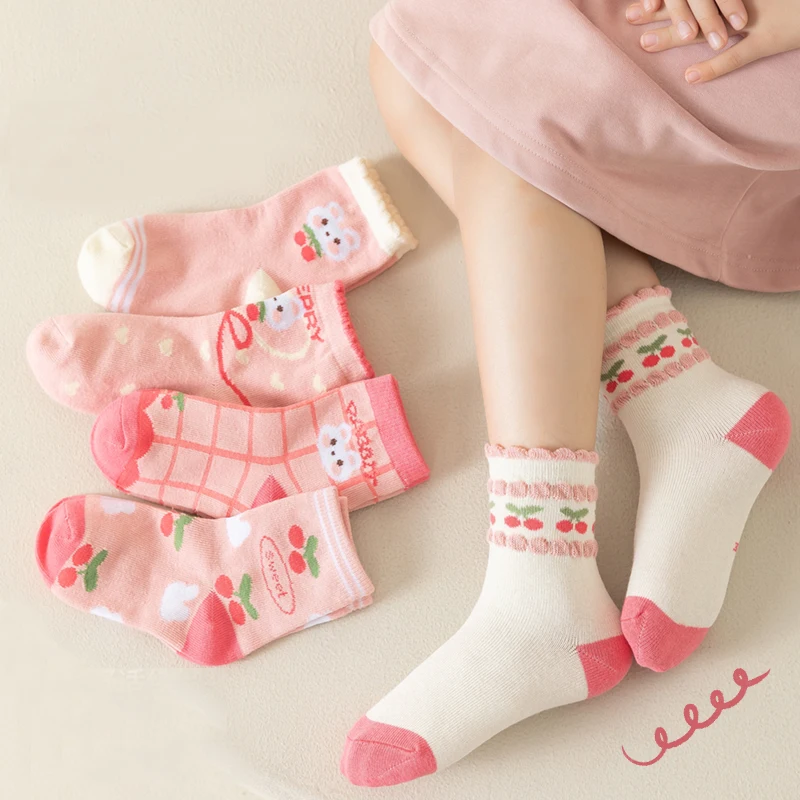 Spring and Autumn Children's Socks Little Girl Cotton Socks Girl Baby Cute Mid Tube Socks  Four Seasons 5 Pairs japanese style autumn pregnant women s socks patterned socks loose sock mouth cute and sweet mid tube socks solid color cotton