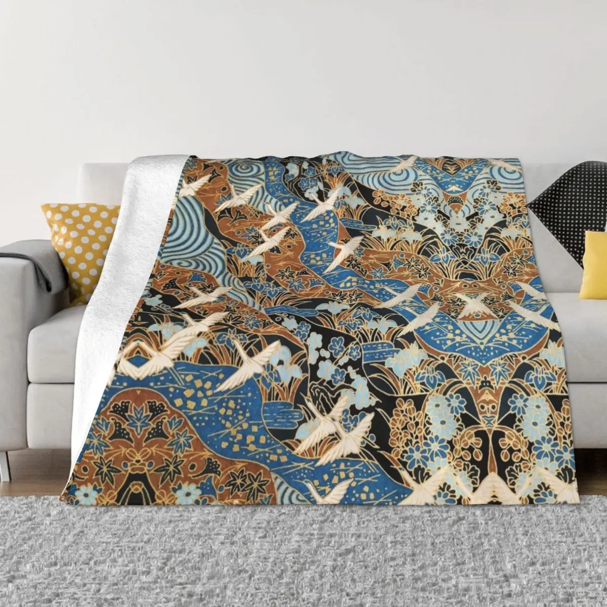 

FLYING WHITE CRANES ON BLUE WATER AND SPRING FLOWERSAntique Japanese Floral Throw Blanket christmas gifts