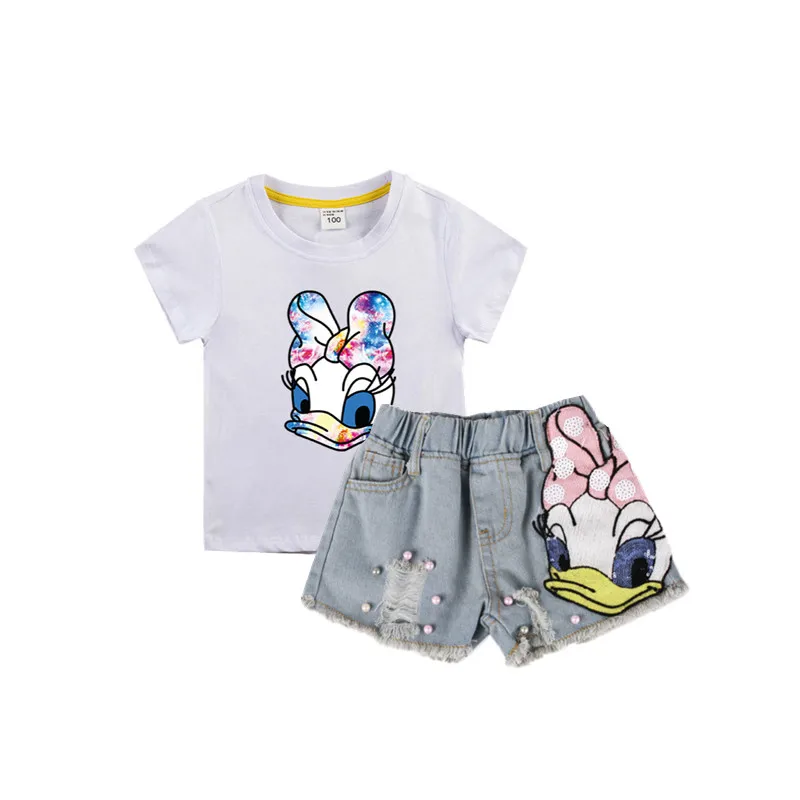 

Summer Pretty Party Little Girls Outfits Set Kids Clothes Cartoon Daisy Duck Shirt&Sequin Embroidery Broken Hole Denim Shorts