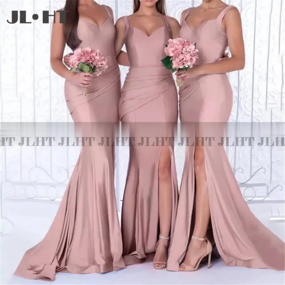 Straps Trumpet Bridesmaid Dresses Long Side Split V Neck Mermaid Long Maid Of Honor Dress Party