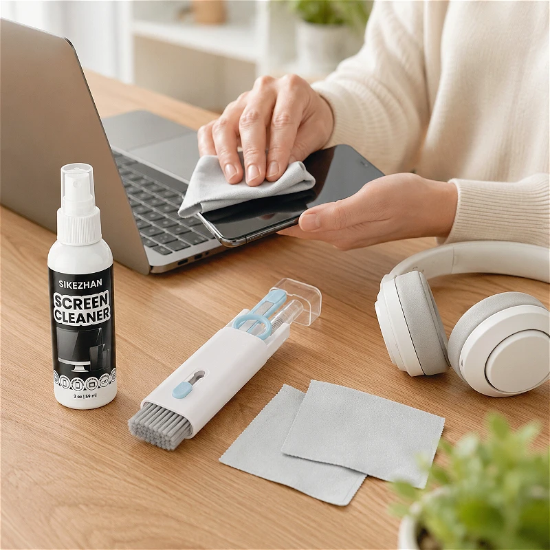 Portable 2oz Streak-Free Screen Cleaner Kit with Brush and Cloth