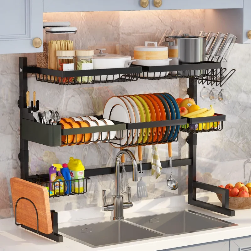 

ADBIU Over Sink (31inch≤Sink Size≤39.5inch) Dish Drying Rack (Expandable Height/Length) Snap-On Design 3 Tier Kitchen Large Dish