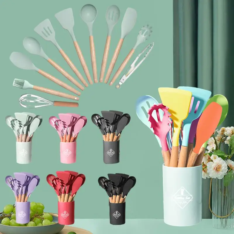 

Premium Silicone Kitchen Utensils with Durable Wooden Handles - Perfect for Non-Stick Pans and Cookware