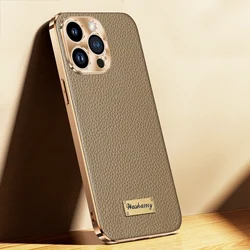 Premium Genuine Leather Business Case with Metal Camera Protection Cover - iPhone 15 Pro Max (GRAY)
