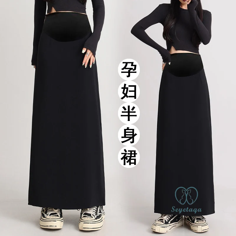 Back Splits Black Maternity Full Maxi Long Skirts Spring Casual Pencil Bottoms for Pregnant Women Elastic Waist Pregnancy