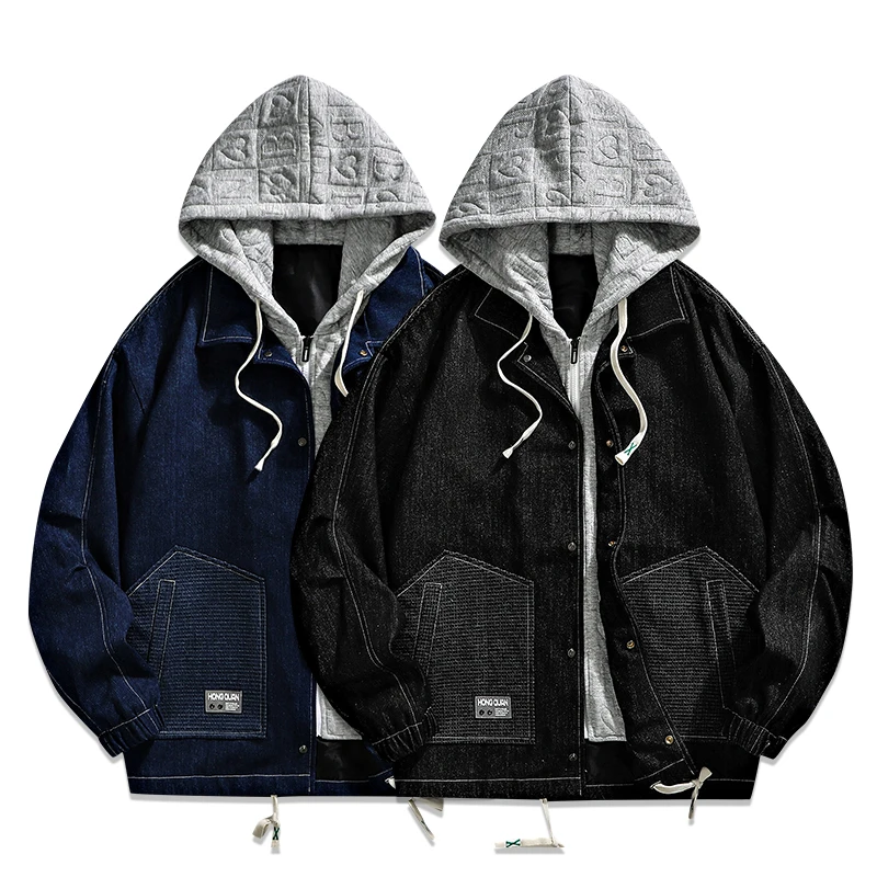 Men Denim Jacket Autumn New Fake Two-piece Hooded Jacket Oversize Retro Fashion High Street Tactical Coat Trendy Brand Style