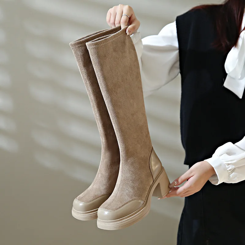 Black Long Stockings Boots Shoes Women New Style Autumn Winter Plush Warm Thick Heels Chelsea Boots Square Head Platform Boots