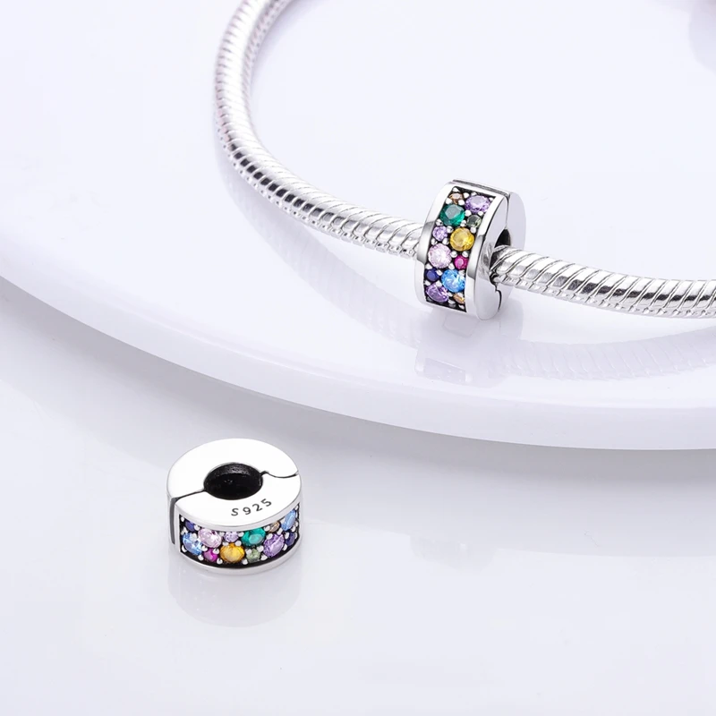 Beads Charms CZ Clip 925 Sterling Silver Clear Pave Safety Chain Zircon Fit Pandora Original Bracelets Women Jewelry Making