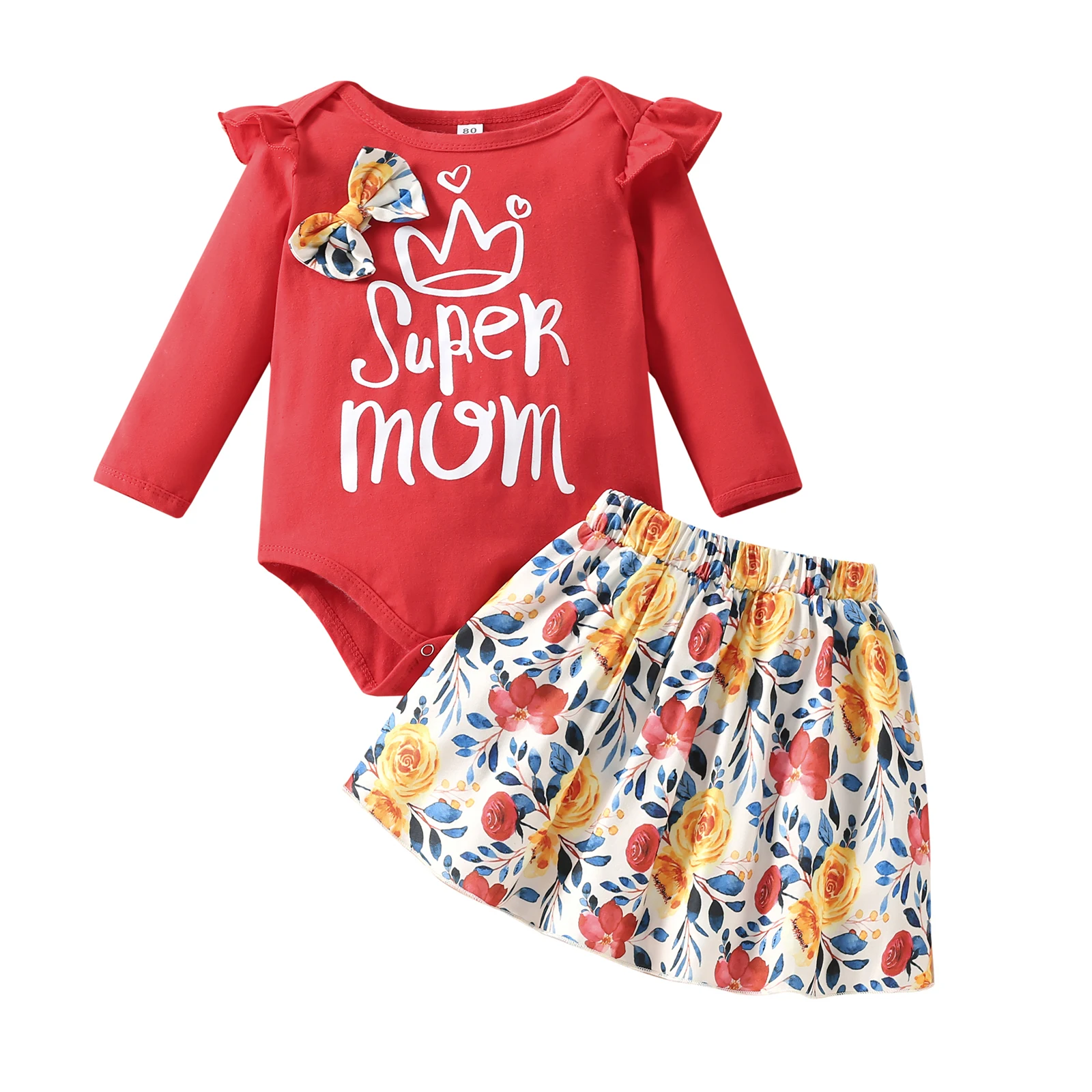 Newborn Baby Girl Twopiece Outfits, Long Sleeve Letter Print Bowknot