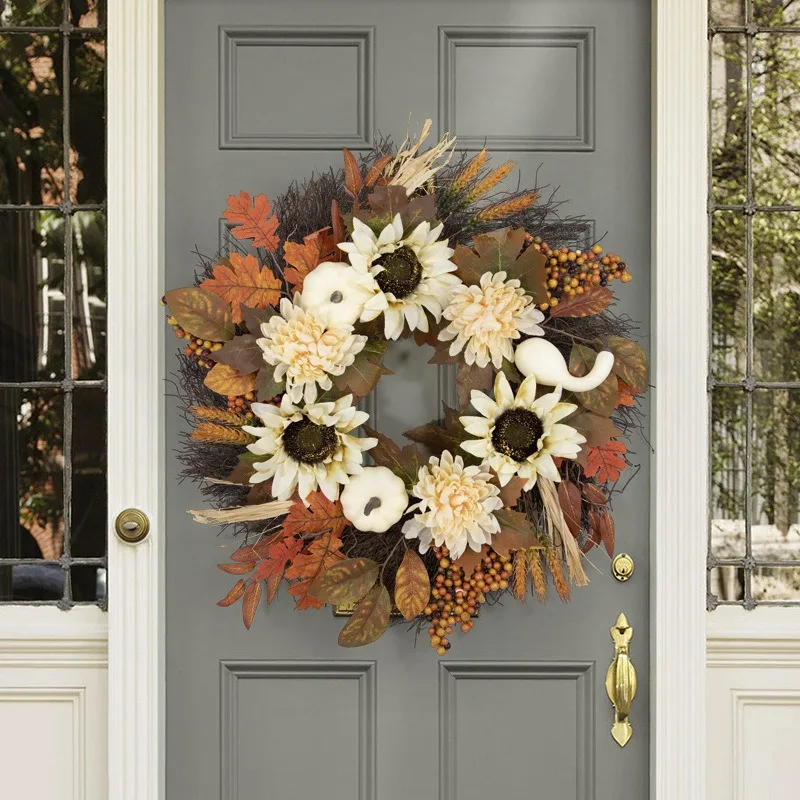 

Autumn Thanksgiving White Pumpkin wreath Harvest Festival Sunflower Maple leaf 50/60CM wreath decoration door decoration