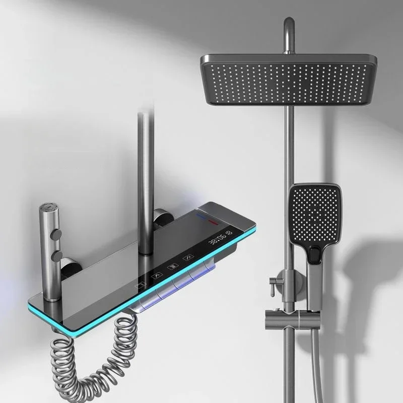 Mixer Shower Faucet Full Set Bathroom Luxury Shower System with Lights Tempered Glass Piano Key Smart Digital Display Thermostat
