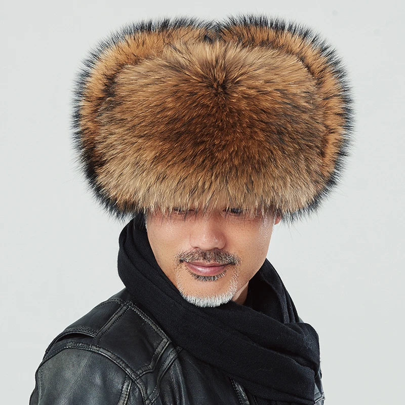 

Winter Men's 100% Real Silver Fox Fur Bomber Hat Raccoon Fur Ushanka Cap Trapper Russian Man Ski Hats Caps Real Leather