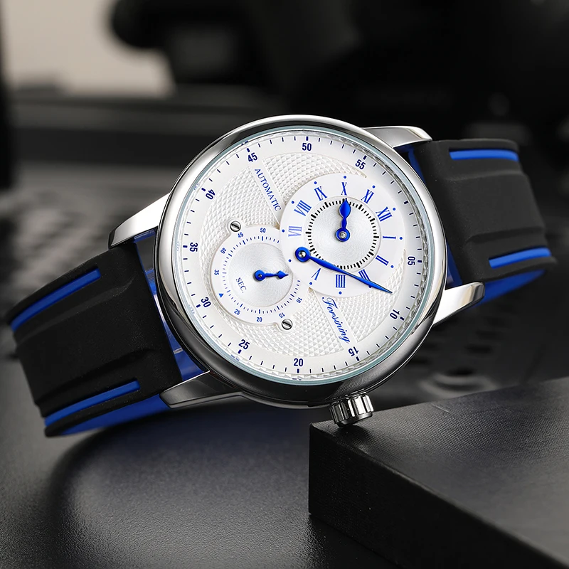 Forsining Orologio da polso automatico da uomo di lusso bianco blu Orologio meccanico impermeabile trasparente Orologio sportivo da uomo con cinturino in silicone_voghion.com