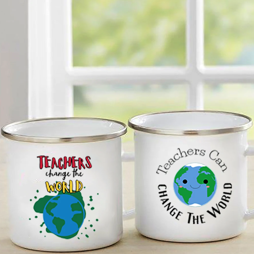 

Teachers can change the world earth print mug Enamel Coffee Mug Creative Water Cups Handle Drink Milk Cup Mugs Gifts for Teacher
