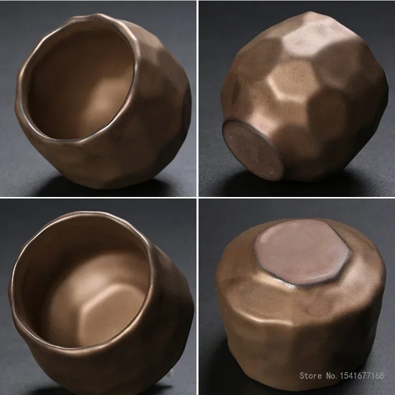 Chinese Style Kung Fu Retro Tea Set, Coarse Pottery, Handmade Ancient Copper Gold Ceramics, Japanese  Coffee Ceramic Teacup, 2Pc