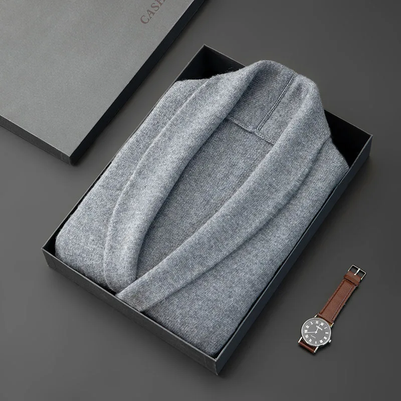 100% Class A Goat Cashmere Coat Men's Blue Fruit Neck Double breasted Knitted Cardigan Autumn Winter Warm Long Sleeve V-Neck Top 2